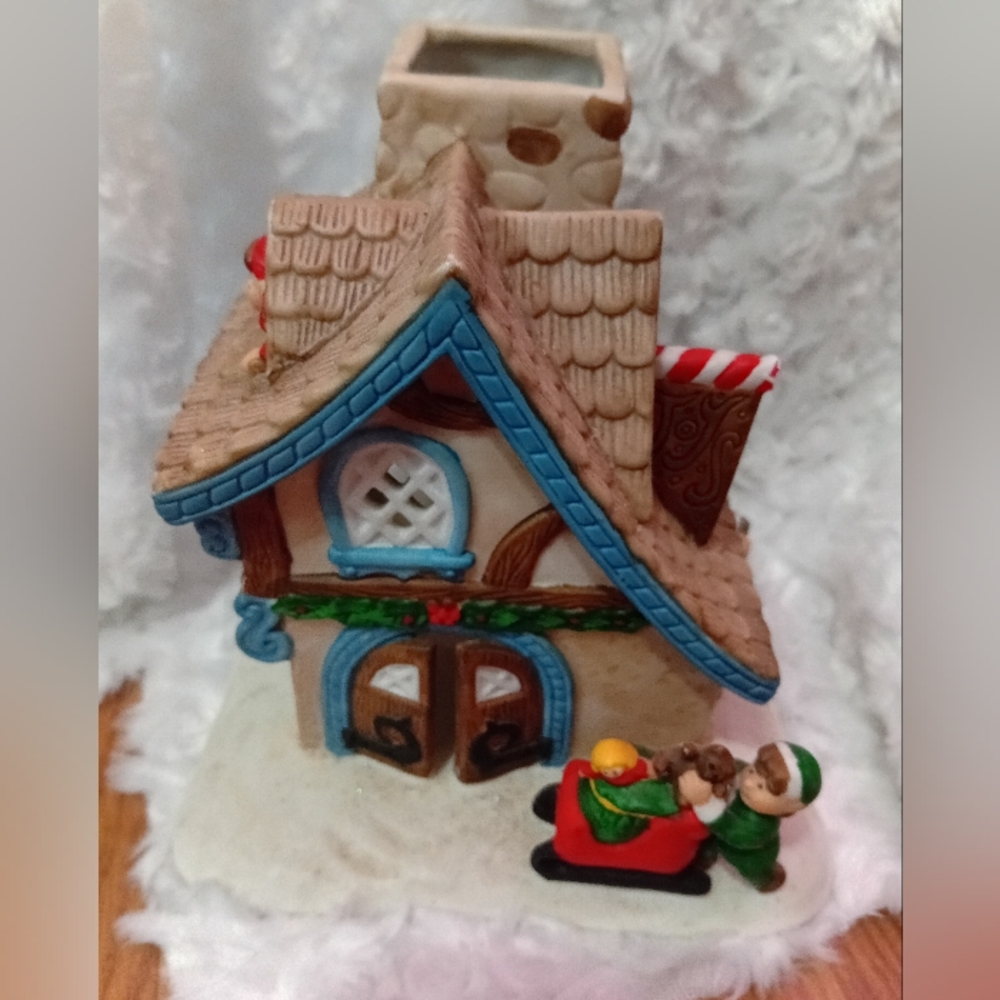 PartyLite Festive Holiday House Candle Holder with Brown and Blue Accents